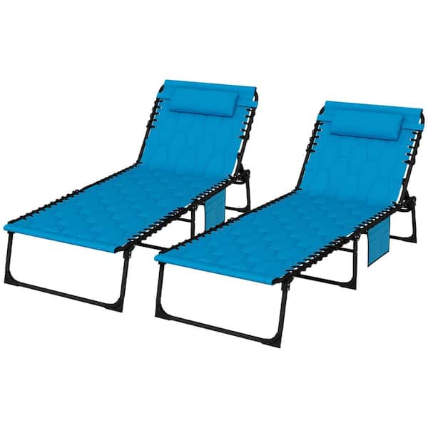 Sudzendf 2 of Pieces Blue Folding Outdoor Chaise Lounge with 5-level Reclining Back, Padded Seat, Side Pocket and Headrest
