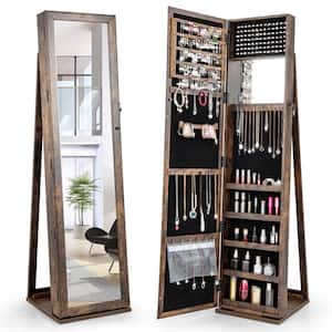 Brown Mirrored Jewelry Cabinet Armoire Lockable Standing Storage Organizer with Shelf