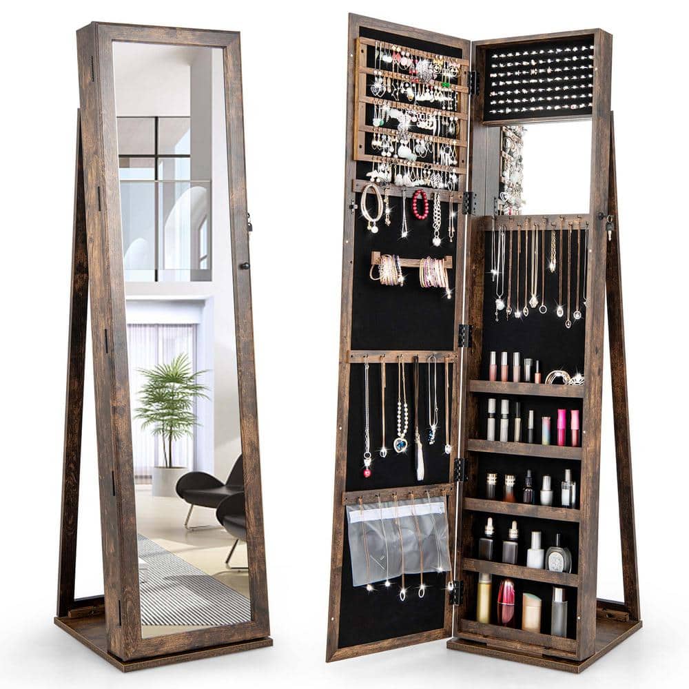 Costway Brown Mirrored Jewelry Cabinet Armoire Lockable Costway Brown Mirrored Jewelry Cabinet Armoire Lockable