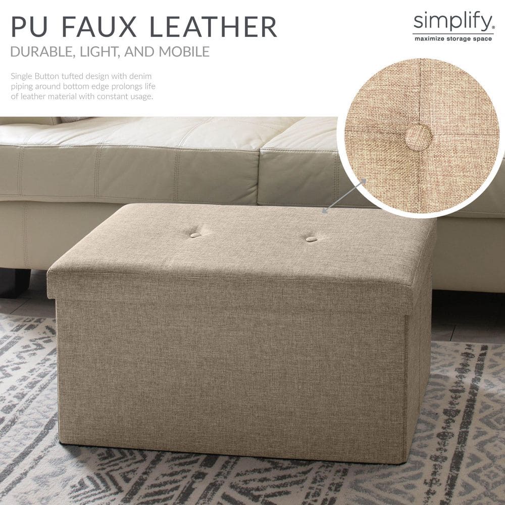 Simplify Beige Faux Linen Double Folding Storage Ottoman