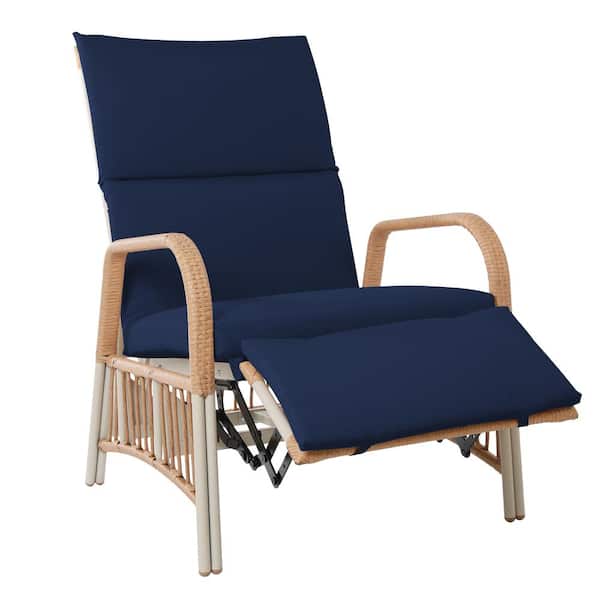 PATIOGUARDER Outdoor Beige Wicker Adjustable Outdoor Lounge Chair with Navy Blue Cushions