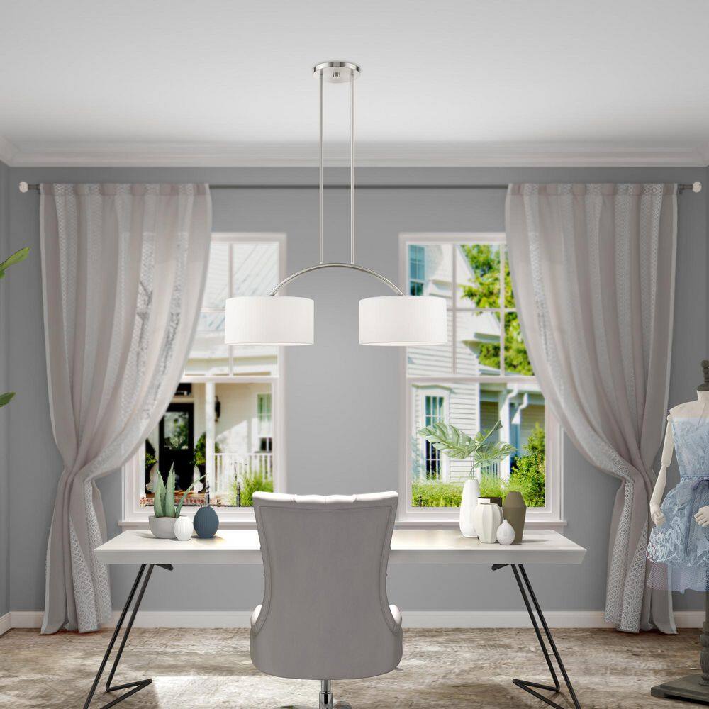 Elegant Brushed Nickel 2-Light Linear Chandelier with Off-White Drum Shades