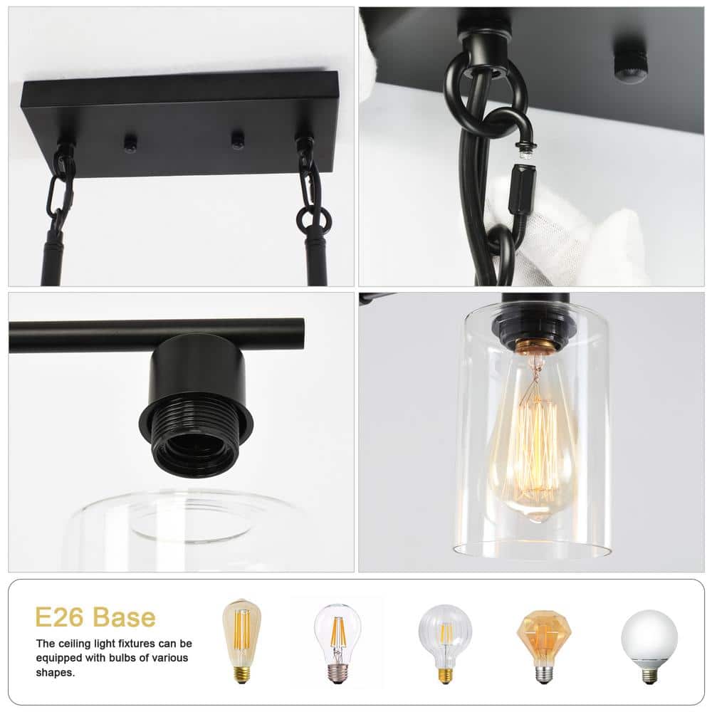 Black Metal and Clear Glass 4-Light Linear Pendant