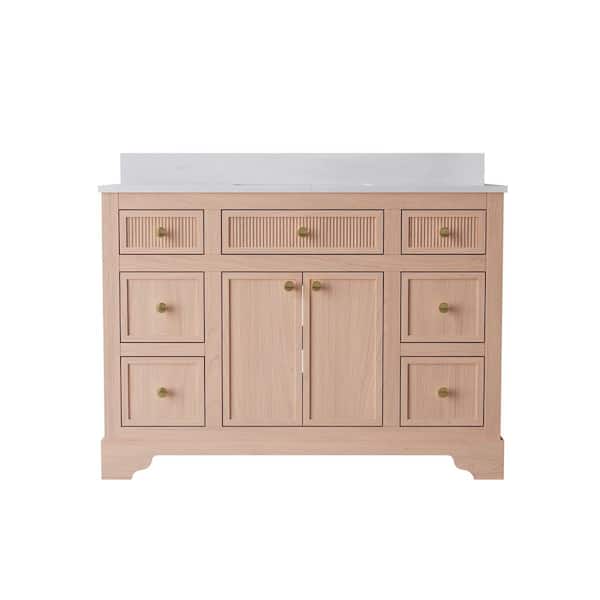 48 in. W Solid Wood Bath Vanity in Oak with White Quartz Top Single Sink, Assembled, Soft-Close Door and Drawer