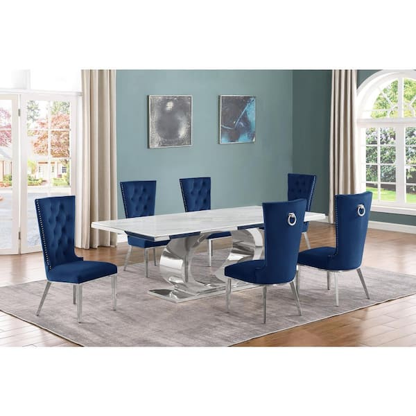 Best Quality Furniture Ibraim 7-Piece Rectangle White Marble Top With Stainless Steel Base Dining Set With 6 Navy Blue Velvet Fabric Chairs