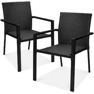 Set of 2 Stackable Black Wicker Chairs with Armrests, Steel Conversation Accent Furniture for Patio