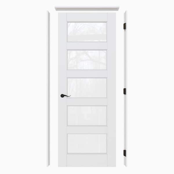 30 in. x 80 in. 5-Lite Clear Glass Left White Solid Core Wood Single Interior Door with Quick Assemble Jamb