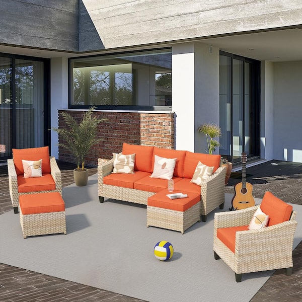 Toject Barkley Beige 5-Piece Outdoor Patio Conversation Sofa Seating Set with Orange Red Cushions