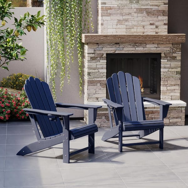 Aderson Set of 2 All Weather Fade Resistant Outdoor Patio HDPE Adirondack Chairs with Cup Holders in Navy Blue