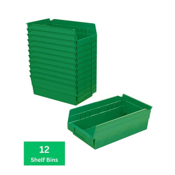 30130 Plastic Stackable Shelf Bins, 12 in. x 6 1/2 in. x 4 in. Green, 12-pack