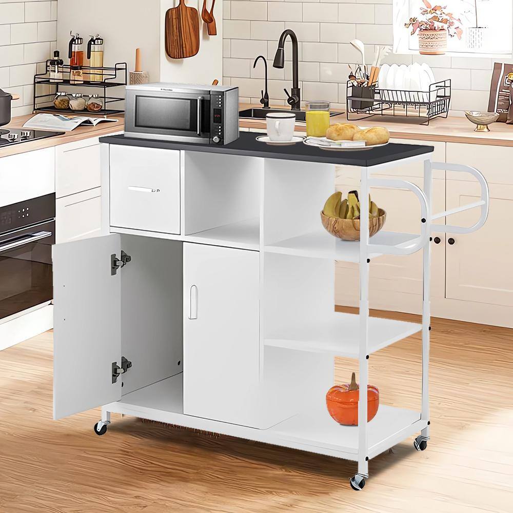 White Solid Wood Top 35.43 in. W Kitchen Island on 4-Wheels with Open ...