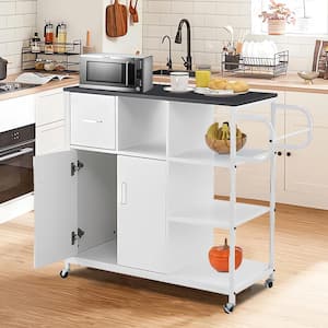 White Solid Wood Top 35.43 in. W Kitchen Island on 4-Wheels with Open Shelves