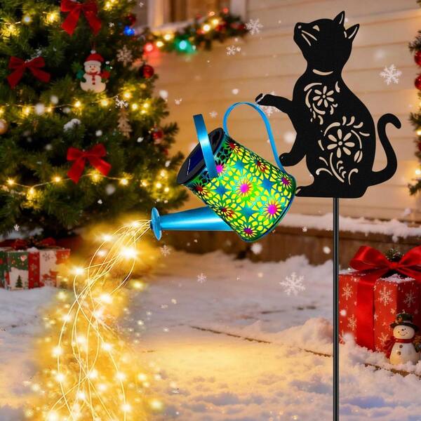 8 in. x 33 in. Blue Metal Black Cat Solar Watering Can Lights