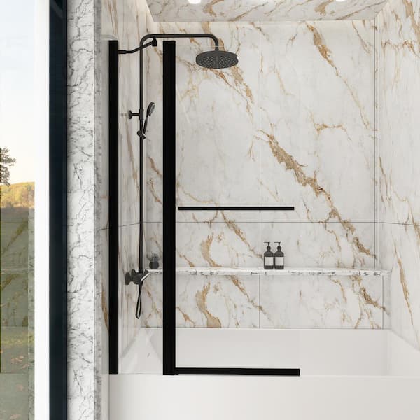 Unbranded 34 in. W x 56 in. H Semi-Frameless Pivot Tub Door in Matte Black with Clear Glass