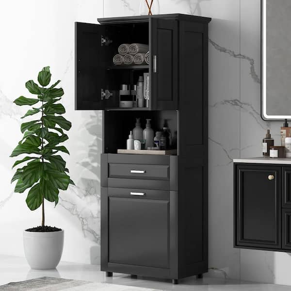 Arleen Black Wood 69.9 in. Tilt-Out Laundry Hamper and Upper Storage Cabinet with 2 Doors, 2 Shelves and 1 Drawer