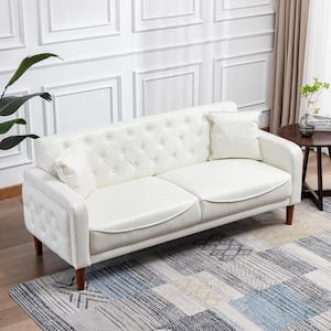 78 in. Wide Square Arm Faux Leather Mid-Century Modern Straight Tufted Sofa with Pillows in Ivory