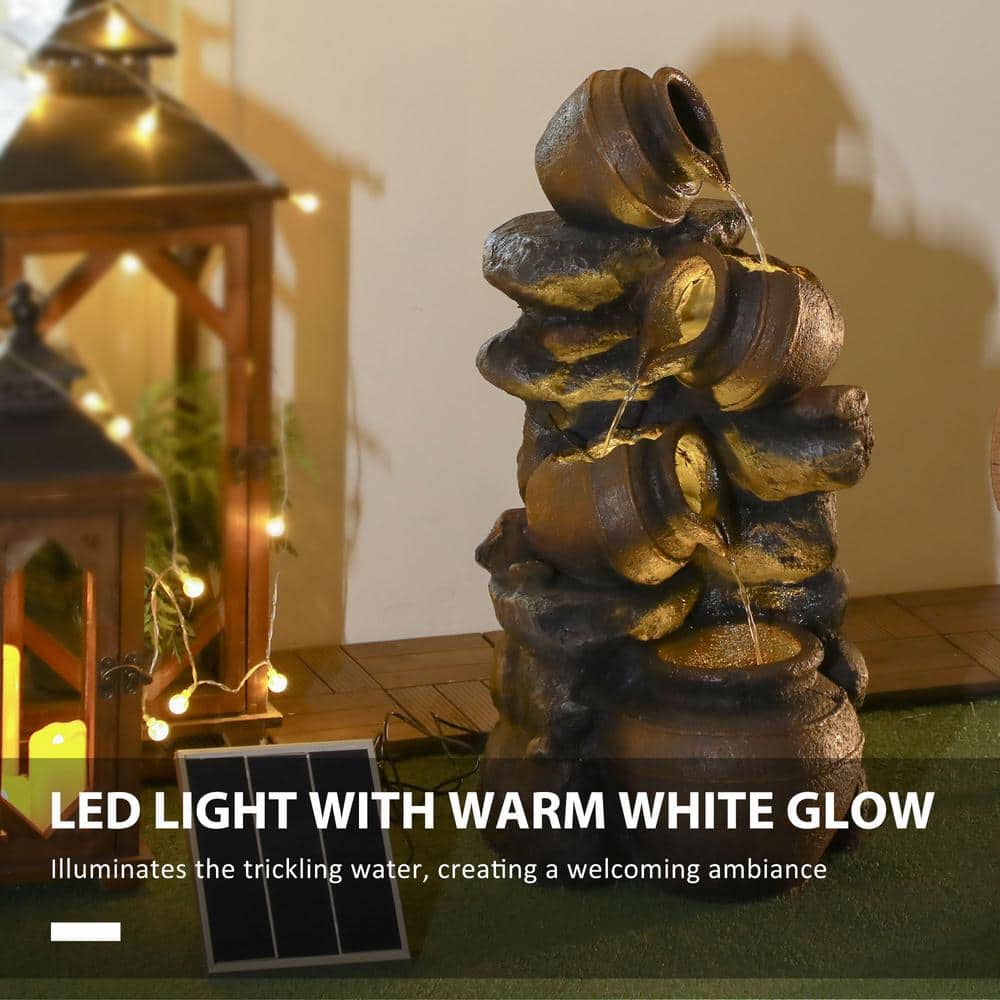 28.3" Brown Resin Solar Powered 4-Tier Water Fountain with LED Lights