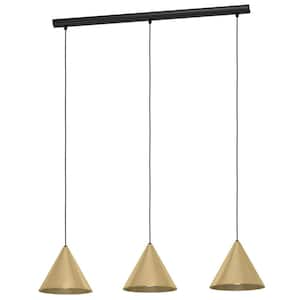 Narices 31.5 in. W x 7.11 in. H 3-Light Structured Black Linear Pendant Light with Brushed Brass Metal Cone Shades