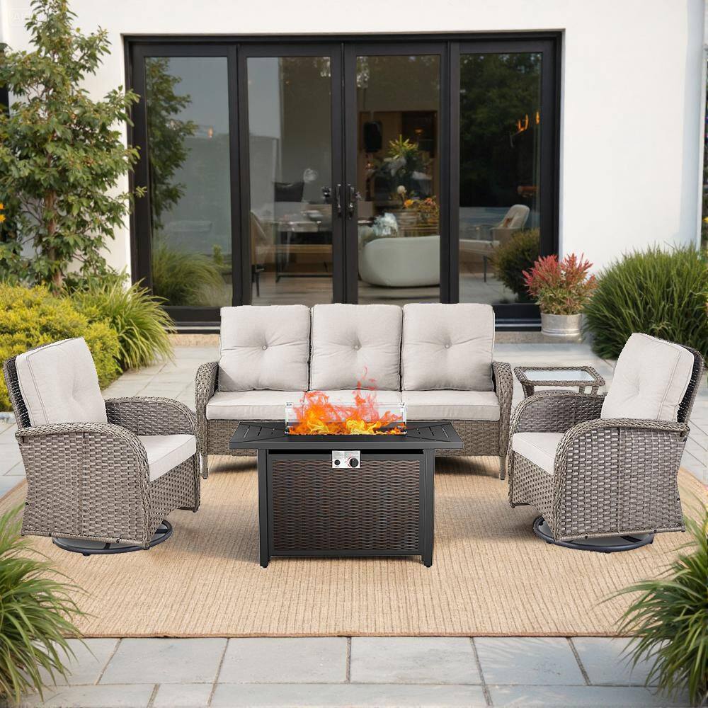 Gray 5-Piece Wicker Outdoor Glider Chair Patio Deep Seating with Rectangular Fire Table and Beige Cushions price history on PriceWatchPro