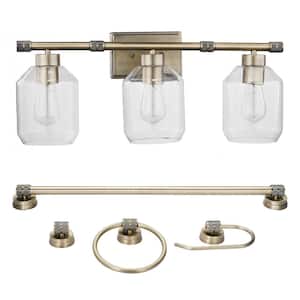 Middleton 24 in. 3-Light Brass Vanity Light with Clear Glass Shades and Bath Set Bulbs Included (5-Piece)