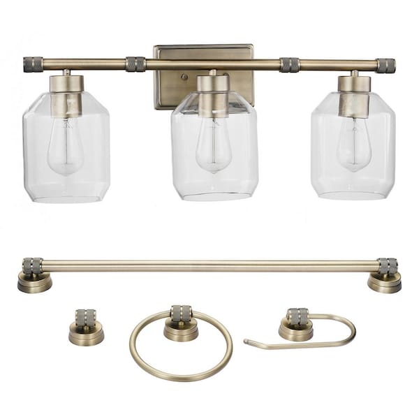Globe Electric Middleton 24 in. 3-Light Brass Vanity Light with Clear Glass Shades and Bath Set Bulbs Included (5-Piece)
