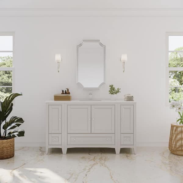 Fresca Oxford 60 in. Bath Vanity in Antique White with Quartz Stone Vanity Top in White with White Basin