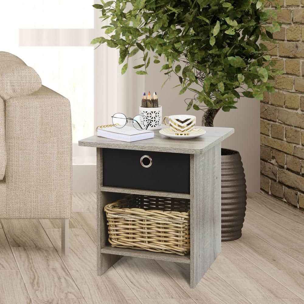 French Oak Grey and Black Square Wood End Table with Storage Bin