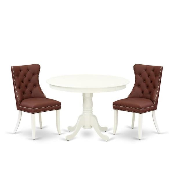 East West Furniture 3-Piece Linen White Finish Solid Wood Top-Round Upholstered Dining Room Set-Seats 4