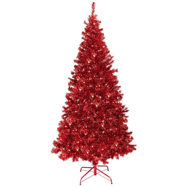 7'-Red Pre-Lit Tinsel Artificial Christmas Tree-Clear Lights