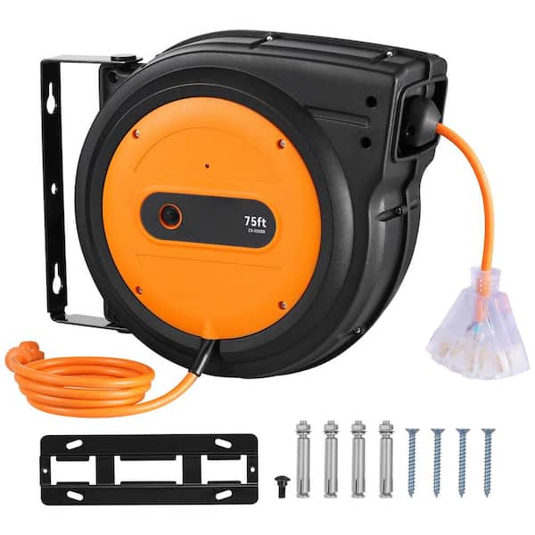 75ft., 14Gauge / 3 Conductors, 13 Amps Retractable Extension Cord Reel with 3-Outlets, Heavy Duty 14AWG / 3C SJTOW