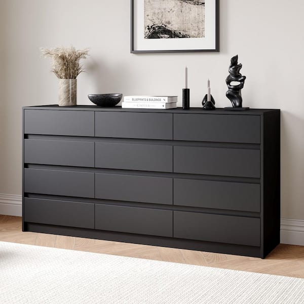 Black 12 Drawers 63 in. W x 32 in. H Wooden Chest of Drawers, Dresser, Storage Cabinet for Bedroom Storage