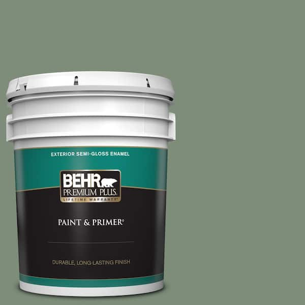 BEHR PREMIUM PLUS 5 gal. #450F-5 Amazon Moss Semi-Gloss Enamel Exterior Paint & Primer