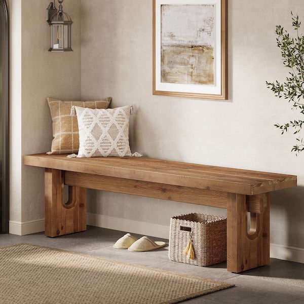 Brenan 63 in. Solid Wood Brown Rectangal Dining Bench, Farmhouse Entryway Bench, Open Back End of Bed Indoor Seating