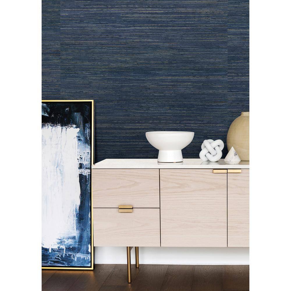 Indigo and Tan Grasscloth Non-Pasted Wallpaper Roll