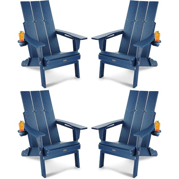 Mximu Oversized Navy HDPE Outdoor Plastic Folding Adirondack Chair with Cup Holder (Set of 4)