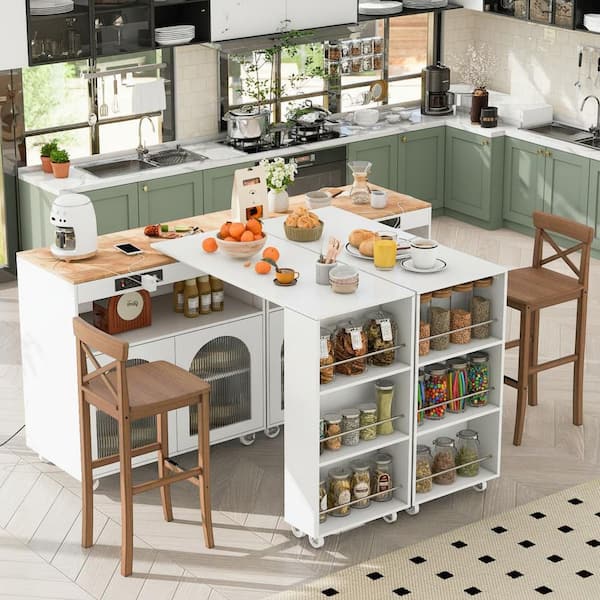 Farmhouse White Wood 56.3 in. Power Outlet Kitchen Cart Extended Table with 2-Fluted Glass Doors and 3-Open Shelves