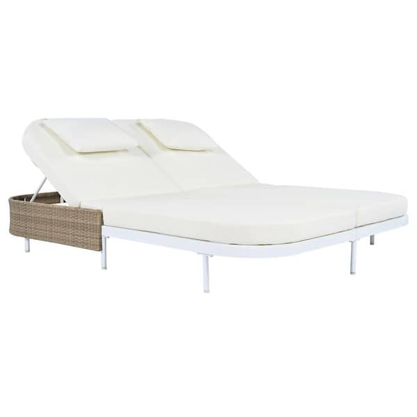 Sudzendf White Metal Outdoor Day Bed with Beige Cushion, 5-Position Adjustable Backrest and Pillow for Garden, Backyard, Poolside