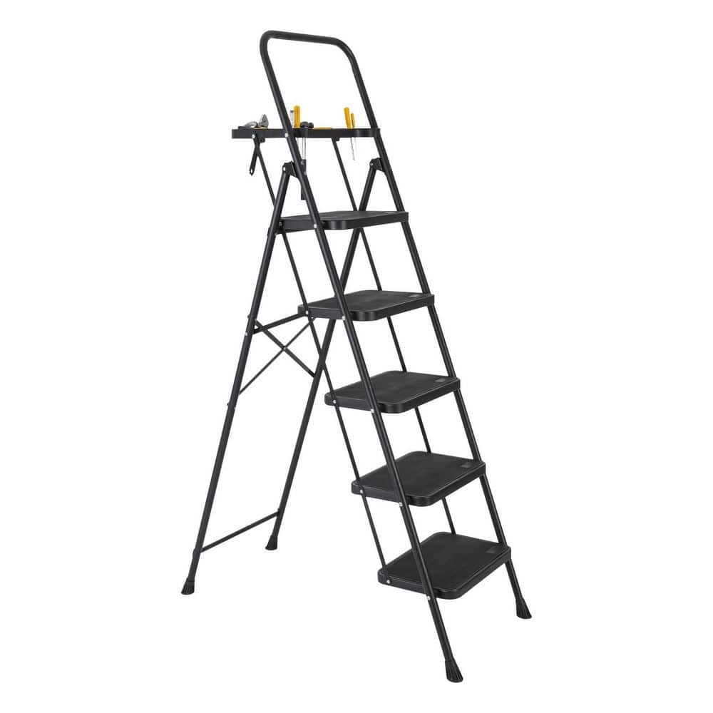5-Step, 5.5 ft. Reach Steel Lightweight Portable Foldable Step Ladder with Tool Tray and Wide Non Slip Pedals, Handrails price history on PriceWatchPro