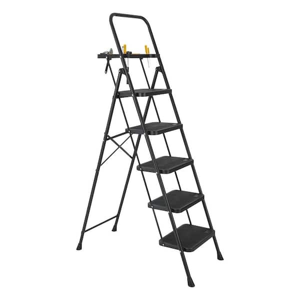 5-Step, 5.5 ft. Reach Steel Lightweight Portable Foldable Step Ladder with Tool Tray and Wide Non Slip Pedals, Handrails