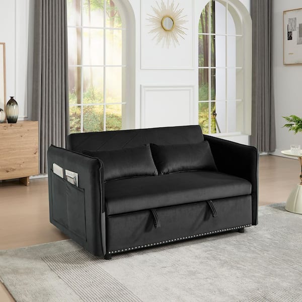 Yvonne Modern 55 in. Black Velvet Upholstery Twin Size Sofa Bed with Pull-Out Couch, Side Pockets, 2 Pillows