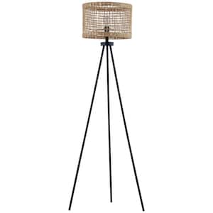 Chicago 65 in. H Matte Black Farmhouse 1-Light Tripod Floor Lamp with Wood Color Paper Rope Drum Shade