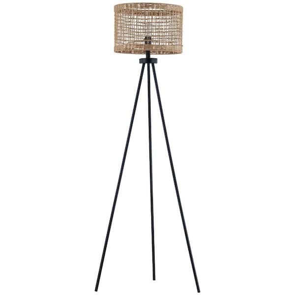 Maxax Chicago 65 in. H Matte Black Farmhouse 1-Light Tripod Floor Lamp with Wood Color Paper Rope Drum Shade
