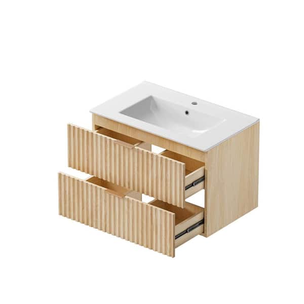 30 in. Floating Oak Wood Bath Vanity with White Ceramic Top Unassembled, Dual-Drawer Storage, Horizontal Stripe Design