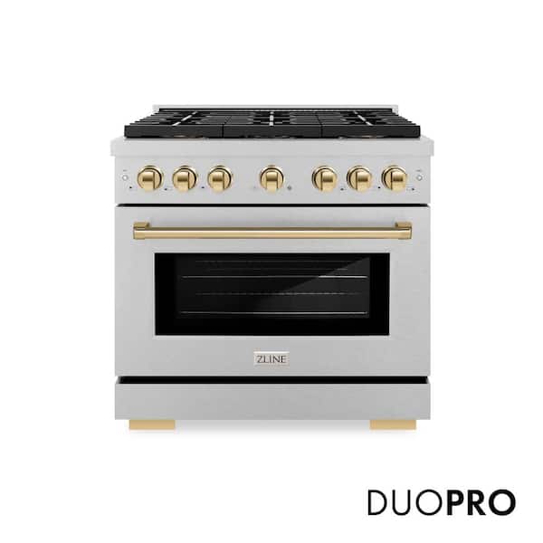 Autograph 36 in. 5.2 cu. ft. Paramount Gas Range with 6-Burner DuoPro Cooktop and Gas Oven in Satin Stainless and Gold
