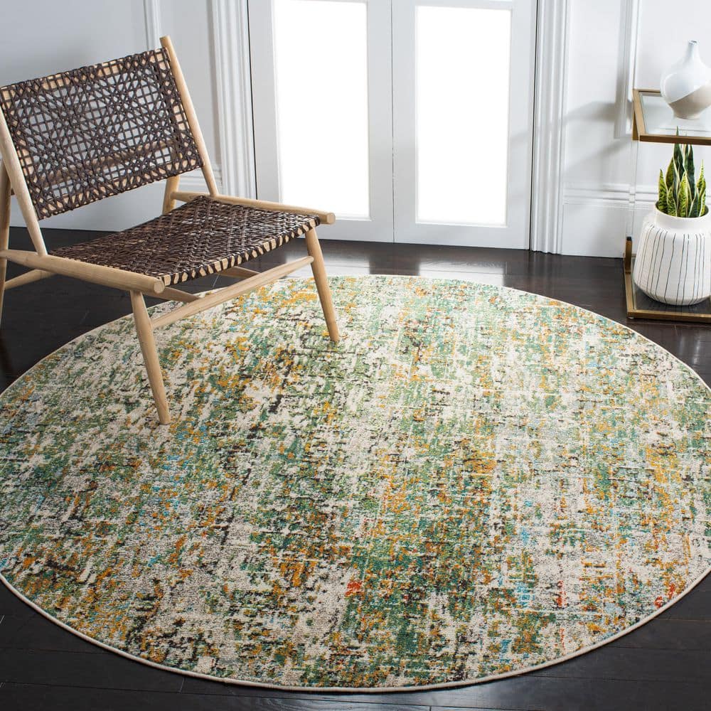 Gray and Green Round Synthetic Flat Woven Area Rug
