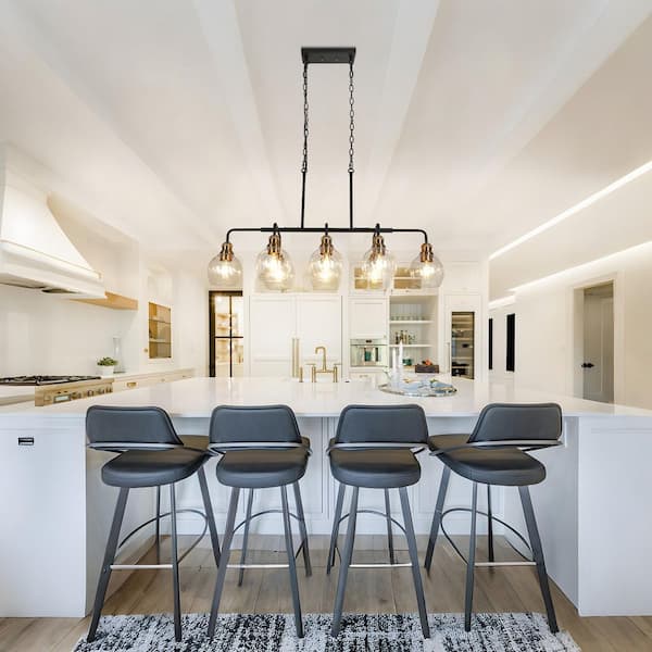 Transitional Kitchen Island Linear Chandelier 8-Light Black and Brass Chandelier with Seeded Glass Shades
