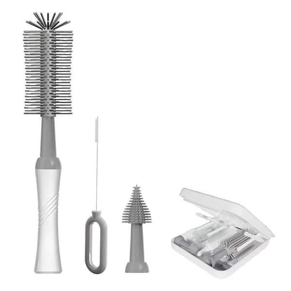 6.69 in. Bottle Cleaning Brush Set with Silicone Nipple Straw Soap Dispenser Drying Rack Storage Gray