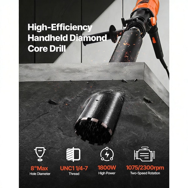 Diamond Core Drilling Machine, 8 in. Drilling Capacity, Handheld Wet and Dry Core Drill Rig with 4 Bits