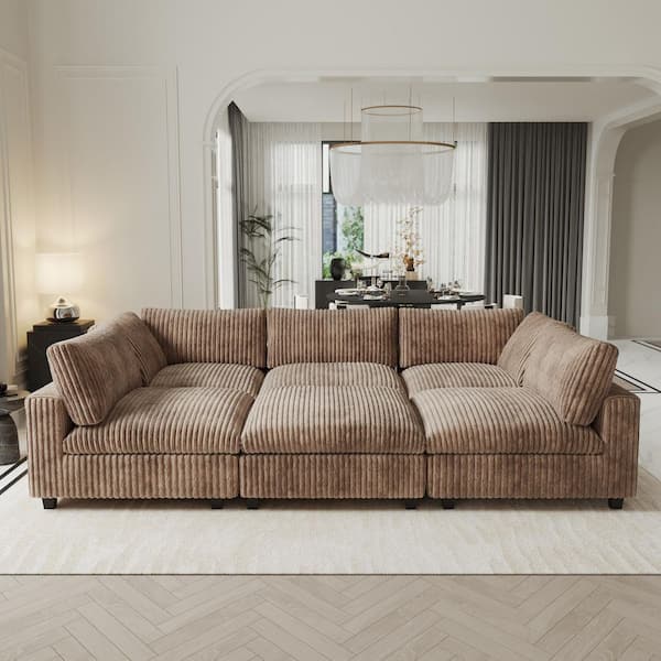 Magic Home 118 in. Modular Brown Plush Velvet Cal King Size 5-Seat Convertible Sleeper Sofa Bed with Ottoman and Washable Covers