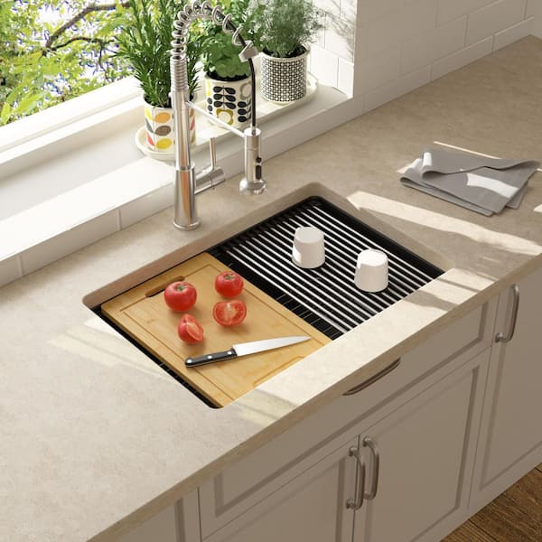 28 in. Quartz Matte Black UnderMount Single Bowl Workstation Kitchen Sink with Accessories